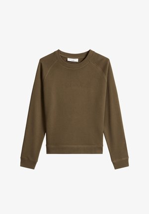 Schlichtes olivgrünes Sweatshirt mit langen Ärmeln und Rundhalsausschnitt, dezent mit dem Schriftzug "Marc O'Polo Denim" auf der Brust sowie gerippten Bündchen und Saum.