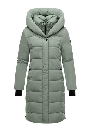 Cabană căptușită de culoare verde deschis, cu glugă supradimensionată, închidere frontală cu butoane, buzunare laterale și manșete negre. Textură netedă și croială până la genunchi.