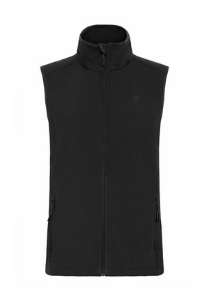 Zwarte mouwloze vest met een hoge kraag. Voorzien van een ritssluiting aan de voorkant en twee zijzakken met rits. Glad, mat stoffen textuur.
