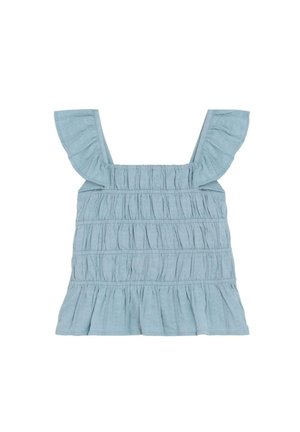 Top sin mangas azul claro con tirantes con volantes, fruncidos horizontales plisados y dobladillo acampanado para un aspecto texturizado y en capas.