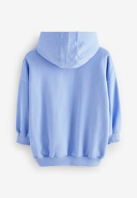 Hoodie bleu clair avec une coupe décontractée, présentant une texture douce, une poche frontale et des poignets et un ourlet côtelés. Le hoodie est sans motifs.