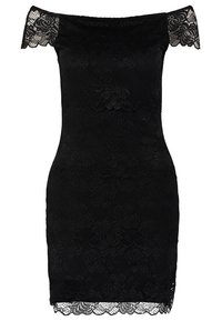 Robe noire en dentelle à épaules dénudées avec motif floral, silhouette ajustée, manches courtes et bord festonné.