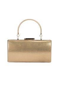 Goldene rechteckige Clutch-Tasche mit strukturierter Oberfläche, ausgestattet mit einem oberen Verschluss und einem geflochtenen Griff. Akzente sind metallische Details.