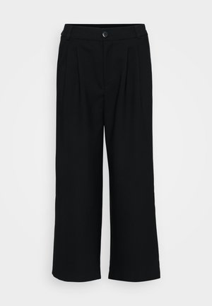 Black wide-leg trousers made of smooth fabric featuring front pleats, a waistband with a button closure, and a flowing silhouette.