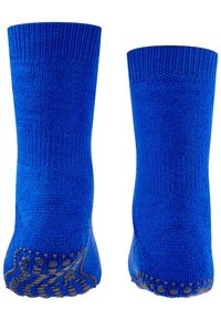 Calcetines antideslizantes azules hechos de una tela texturizada, con un puño acanalado y agarraderas de goma en las suelas para una mayor tracción.