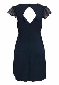 Robe bleu marine avec manches courtes transparentes à volant, un détail coupé à l'avant et une découpe en forme de trou de serrure au dos avec fermeture par bouton.