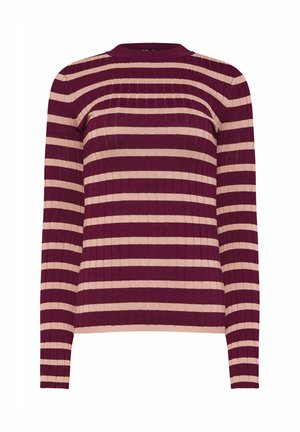 Sweter z ribbowanym wzorem, długi rękaw, w poziome paski w kolorze burgundowym i jasnoróżowym, z okrągłym dekoltem i dopasowanym krojem.