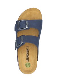 Navy blue slip-on sandal with two adjustable straps, metal buckles, and a cushioned tan footbed. Features a circular green logo on the sole.