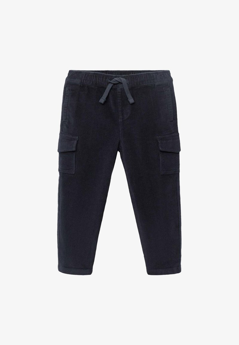 Námornícky modré kordové cargo nohavice s elastickým pásom, šnúrkou na stiahnutie, dvoma bočnými vreckami a vreckami so zápäťou na každom stehne.
