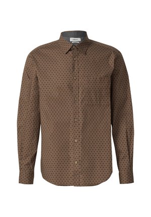 Hnedá dlhá rukávová košela na gombíky s malým čiernym diamantovým vzorom a jednou náprsní kapsou, s klasickým golierom.