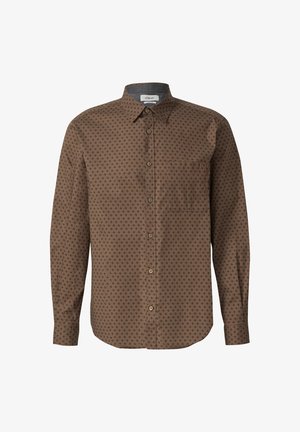 Braune Langarm-Hemd mit Knopfleiste, kleinem schwarzen Rautenmuster und einer einzelnen Brusttasche, ausgestattet mit einem klassischen Kragen.