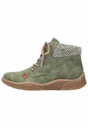 Green leather ankle boot with a textured knit collar, lace-up front, and a patterned rubber sole featuring a hexagonal design.