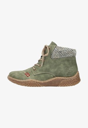 Green leather ankle boot with a textured knit collar, lace-up front, and a patterned rubber sole featuring a hexagonal design.