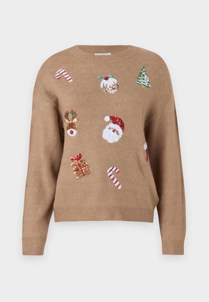 Brūns adīts džemperis ar Ziemassvētku tematiskām izšūtām dizainiem, tostarp Ziemassvētku vecīša, ziemeļbrieda, dāvanām un konfektēm dažādās krāsās.