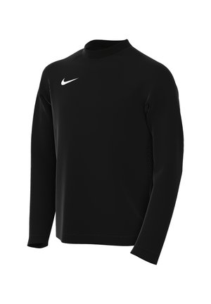 Czarna, sportowa bluza z długim rękawem, z okrągłym dekoltem i białym logo Nike po prawej stronie klatki piersiowej, pokazana na jednolitym tle.