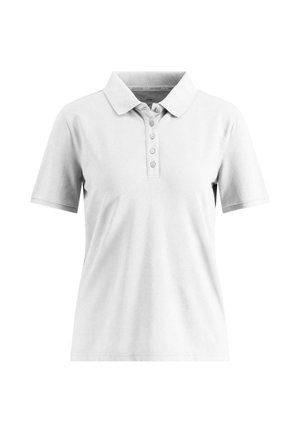 White short-sleeve polo shirt made from cotton blend, featuring a collar and six button placket. Smooth texture with no patterns.