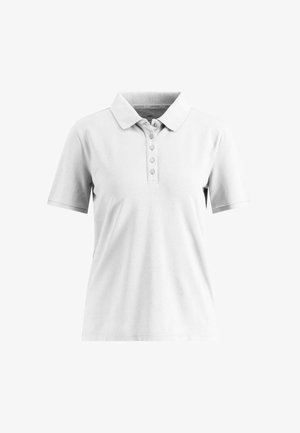 Polo blanc à manches courtes en mélange de coton, avec un col et une patte de boutonnage à six boutons. Texture lisse sans motifs.