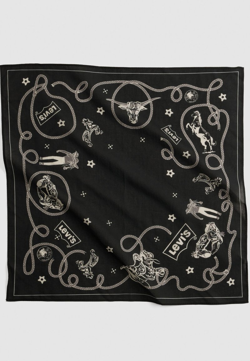 Bandana noire avec bordure en corde beige, illustrations sur le thème cowboy incluant une tête de bovin, des chevaux, des figures de cowboys et des logos Levi's.