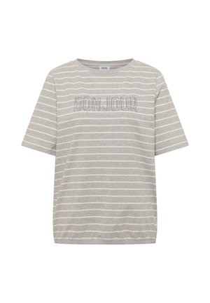Chemise gris clair à manches courtes avec des rayures horizontales blanches et "BONJOUR" écrit en lettres délimitées sur la poitrine.