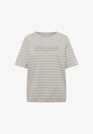 Chemise gris clair à manches courtes avec des rayures horizontales blanches et "BONJOUR" écrit en lettres délimitées sur la poitrine.