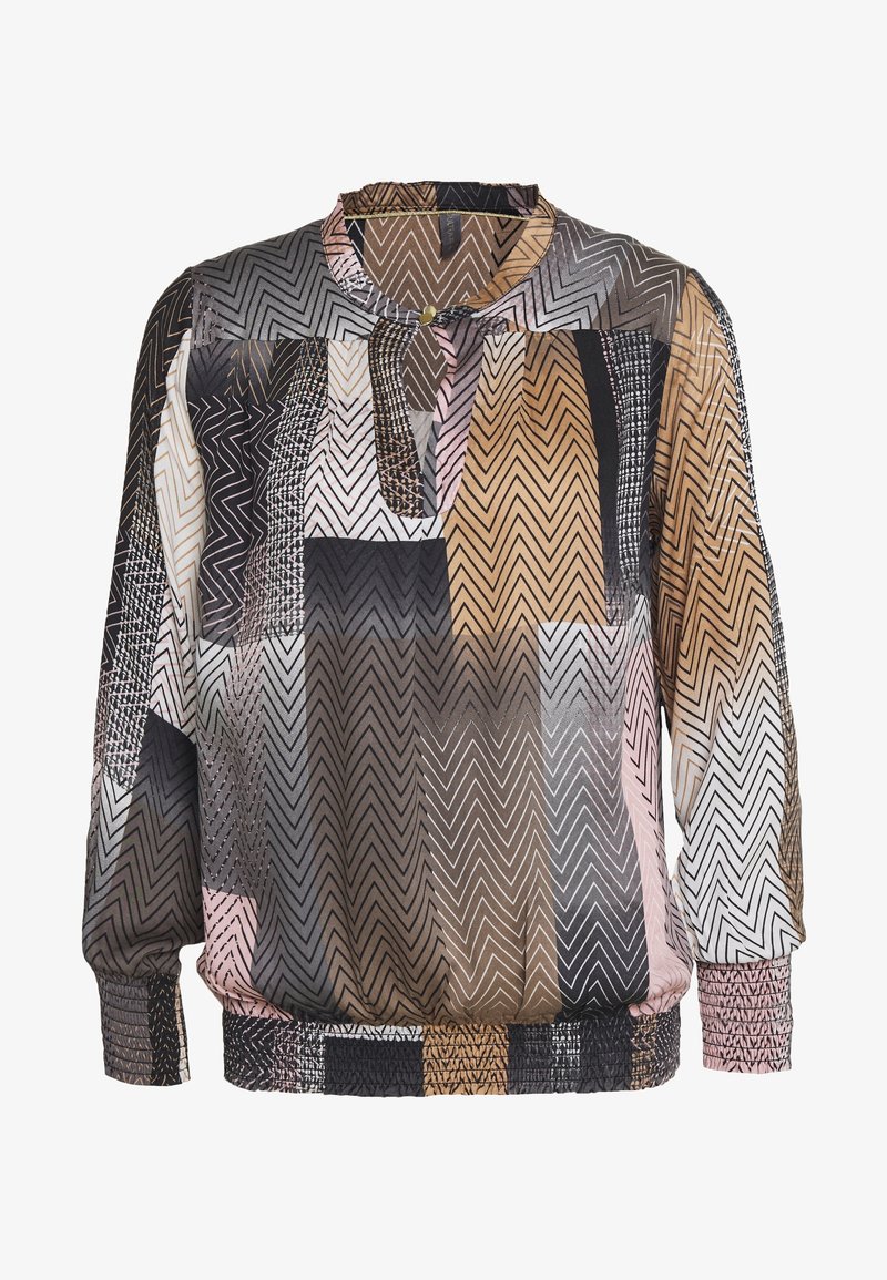 Transparente Bluse mit einem Chevron-Muster in Schwarz-, Braun- und Pinktönen. Lockerer Schnitt mit gerafften Bündchen und einem kleinen Ausschnitt mit Schlitz.