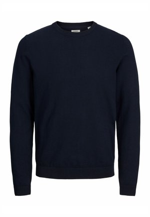Marineblå, langærmet crewneck-trøje med ribkanter ved ærmer og kant, lavet af blødt strikket stof.