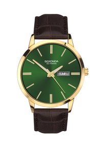 Montre Sekonda avec un cadran rond vert, des index et aiguilles dorés, sur un bracelet en cuir marron foncé. Affiche la date et le jour.