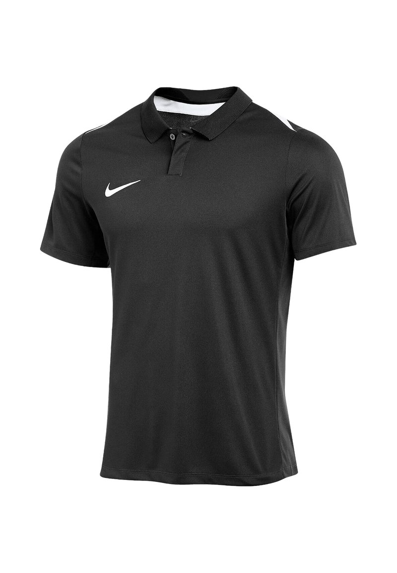 Zwart poloshirt gemaakt van gladde stof, met een drie-knopenknopsluiting, korte mouwen en een wit Nike-logo op de linkerborst.