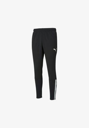 Black athletic pants with a textured finish, elastic waistband, and white side stripes. Features a small grey logo at the upper left leg.
