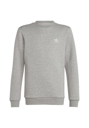 Sweatshirt à col rond gris clair avec des manches longues et logo Adidas blanc sur la poitrine gauche, fond uni.