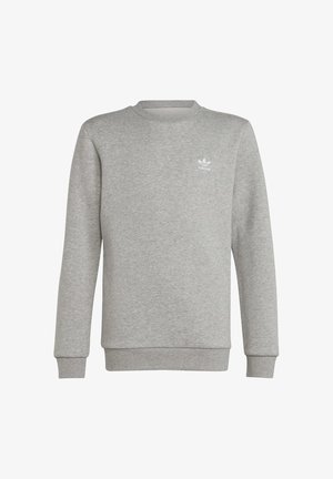 Sudadera de cuello redondo gris claro con mangas largas y logotipo blanco de Adidas en el lado izquierdo del pecho, fondo liso.