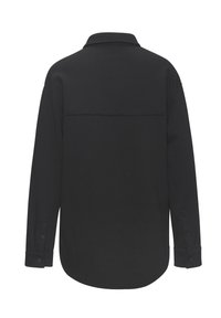 Black long-sleeve shirt, collared, made of smooth fabric. Features buttoned cuffs and a shaped hem, with a clean back design.