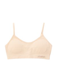 Bralette beige clair en tissu doux, doté de fines bretelles ajustables et d'un design sans coutures ; logo "ATHENA" brodé en doré.