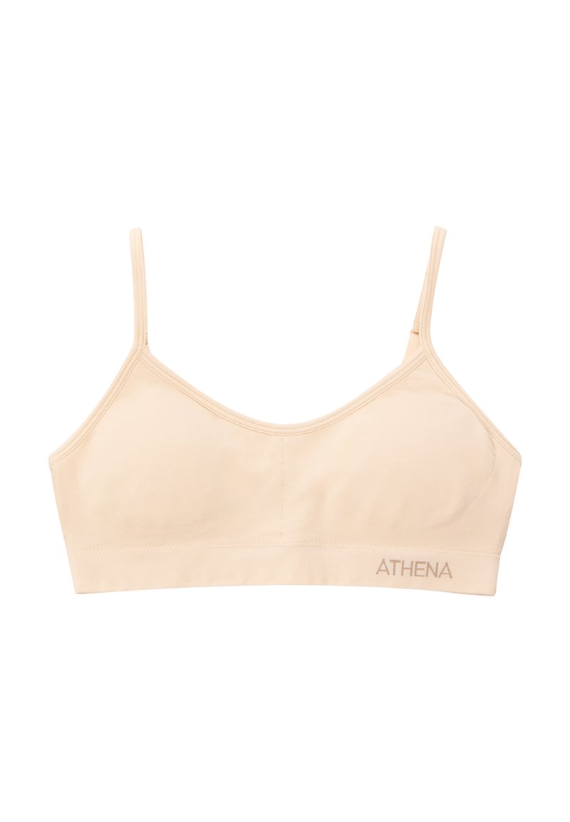 Bralette beige clair en tissu doux, doté de fines bretelles ajustables et d'un design sans coutures ; logo "ATHENA" brodé en doré.