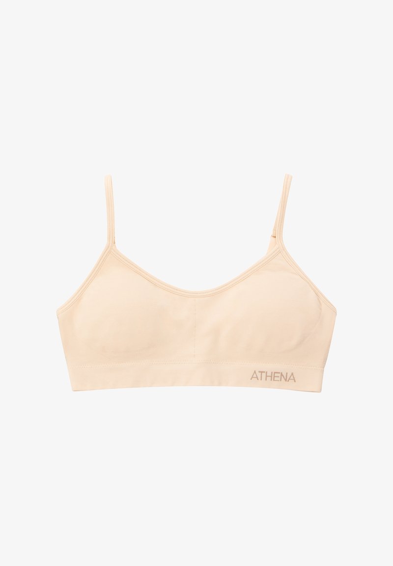 Bralette beige clair en tissu doux, doté de fines bretelles ajustables et d'un design sans coutures ; logo "ATHENA" brodé en doré.