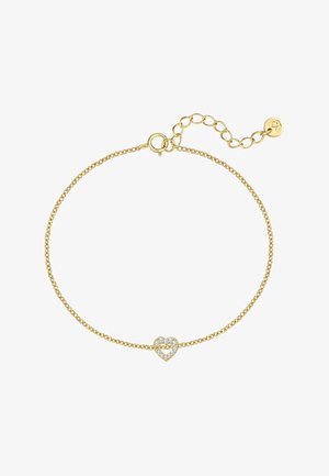 Delikat guldkædearmbånd med justerbar lås og en lille hjerteformet charm prydet med klare krystaller i midten.