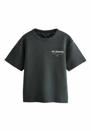 Dark gray textured short-sleeve T-shirt with "ALLSAINTS" logo and Japanese characters printed in white on the left chest.