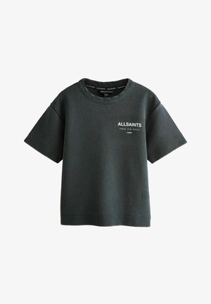 Mørkegrå tekstureret T-shirt med korte ærmer og "ALLSAINTS"-logo samt japanske tegn trykt i hvidt på venstre bryst.