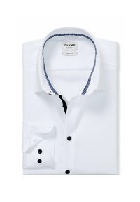 White long-sleeve shirt with a body fit design, black buttons, and a blue patterned inner collar. Features a single cuff.