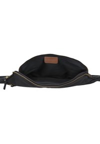 Schwarze Lederhandtasche mit einem Reißverschluss, goldfarbigen Reißverschlussdetails und einem glatt gefütterten Innenraum mit einem braunen Etikett.