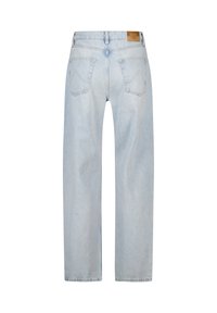 Lichtblauwe rechte jeans gemaakt van denim. Voorzien van twee achterzakken, zichtbare stiksels en een bruine label op de tailleband.
