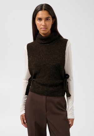 Femme aux longs cheveux foncés portant un pull noir sans manches à col roulé sur une chemise blanche à manches longues et un pantalon marron sur un fond uni.