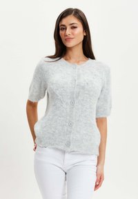 Light gray, fuzzy cardigan with short sleeves, front button closure, and subtle textured pattern. Soft material; casual design.