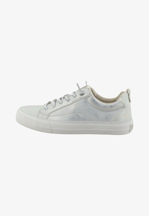 White low-top sneaker with textured toe cap, lace-up closure, and padded collar on a flat rubber sole, shown from the inner side.