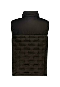 Gilet rembourré noir avec un col haut, présentant une partie supérieure texturée et une partie inférieure matelassée. Fini lisse avec des coutures latérales discrètes.