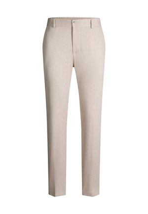 Lichtbeige, slim-fit broek met ceintuurlussen, knoop aan de voorkant en ritssluiting, afgebeeld tegen een witte achtergrond.