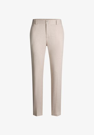 Pantaloni beige chiaro aderenti con passanti per cintura, chiusura frontale con bottone e zip, mostrati su sfondo bianco.