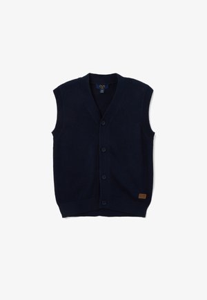 Marineblauw, mouwloos gebreid vest met V-hals, zes knopen aan de voorkant en geribbelde zoom. Voorzien van een klein merkje aan de onderzijde.