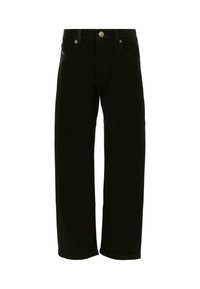 Pantaloni in denim neri con design a gamba dritta, dotati di tasche frontali, tasca per le monete e chiusura con bottone in metallo in vita.