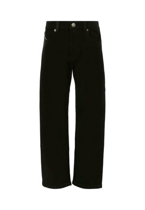 Pantalon en denim noir avec une coupe droite, comprenant des poches avant, une poche à monnaie et une fermeture à bouton en métal à la taille.